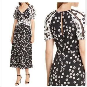 NWT Self-Portrait Black White Daisy Printed Midi Dress $598